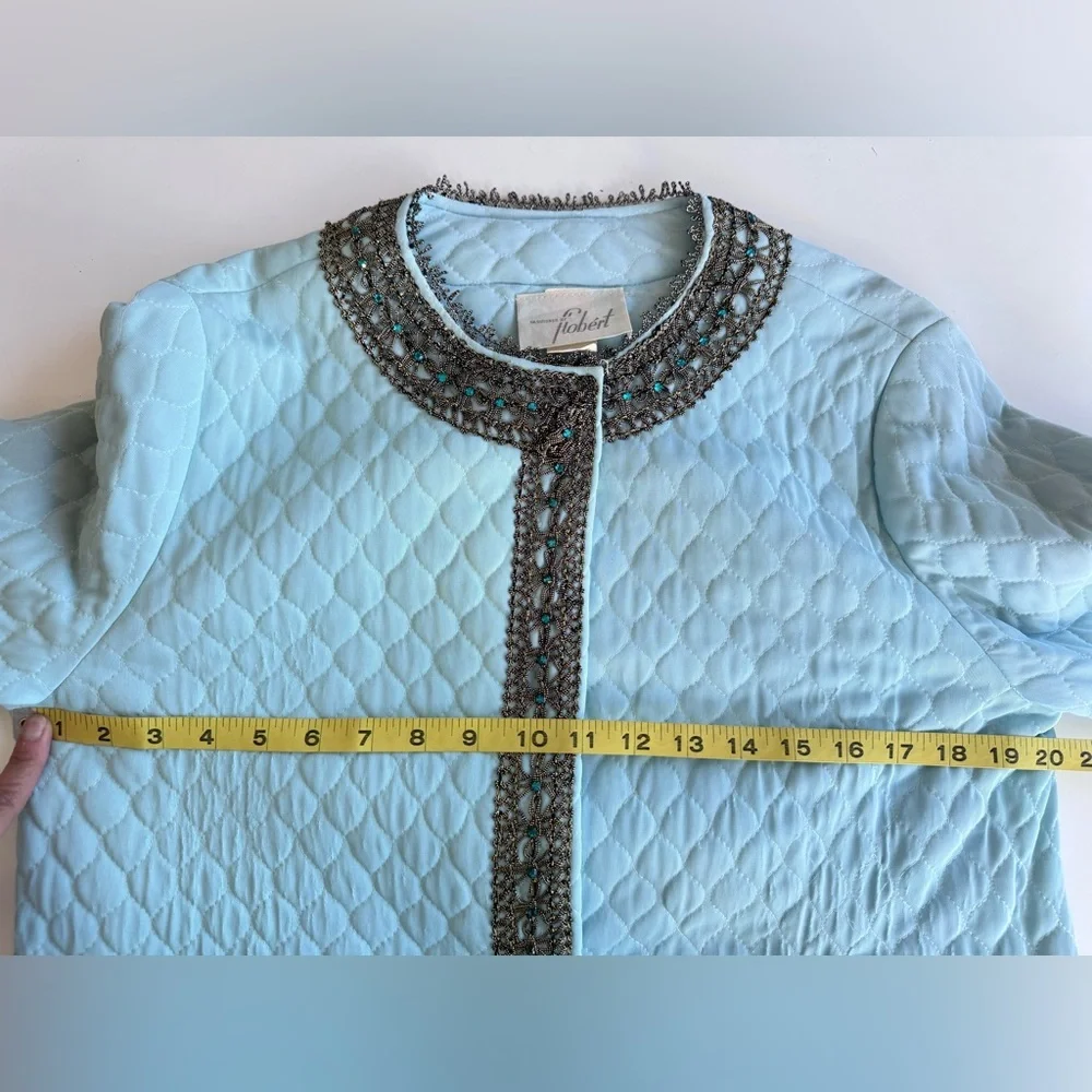 Vintage 70s Flobert Edwardian Baby Blue Bling Quilt Mod Long Robe House Coat - Picture 12 of 16